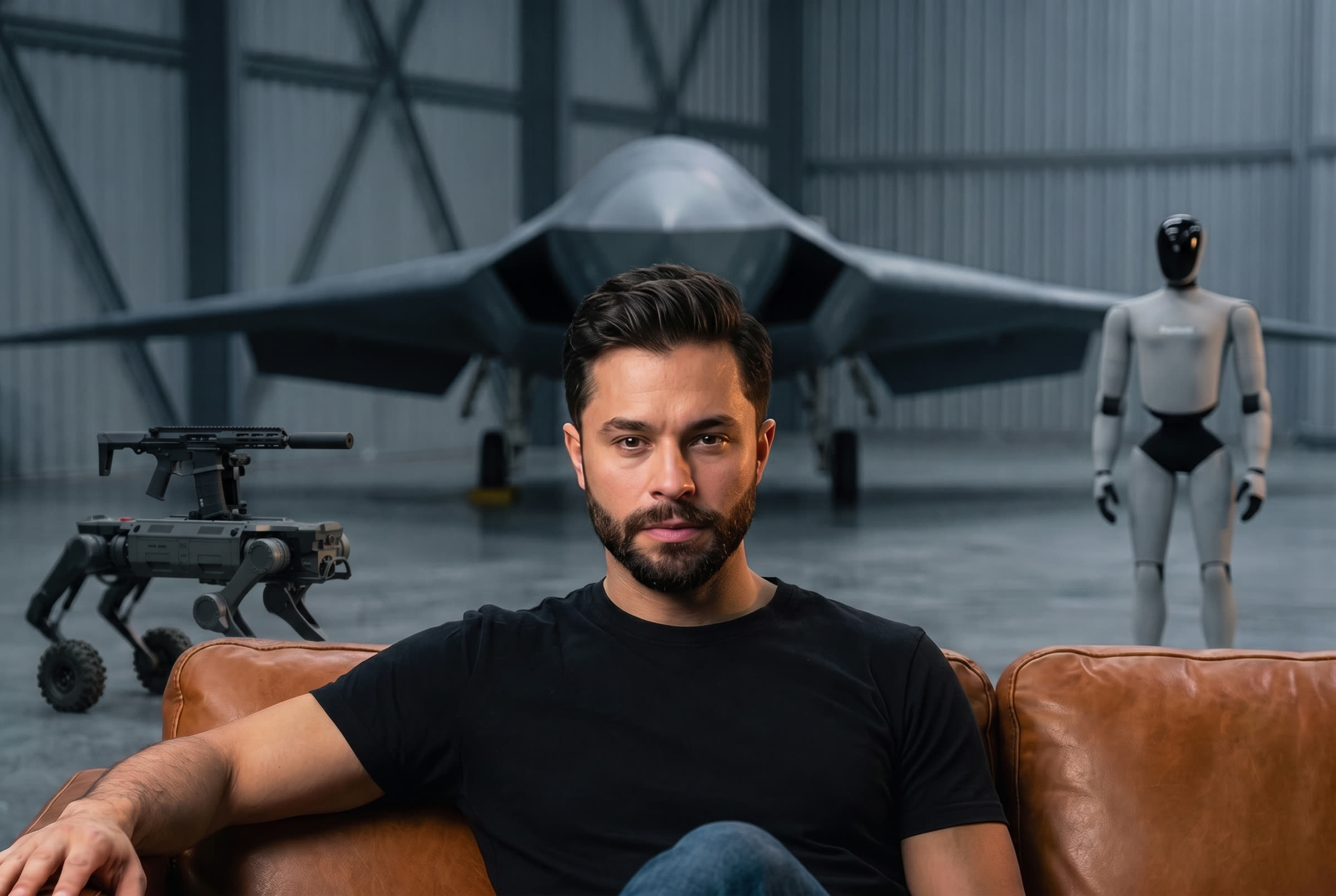Graham Kramer seated in a Fantom hangar with the WRAITH uncrewed combat aircraft, the GRIM wheeled-leg ground robot and the UNIT 01 humanoid behind him
